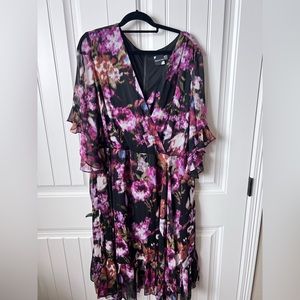 Black floral dress with Flowy skirt and ruffled sleeve size 22
